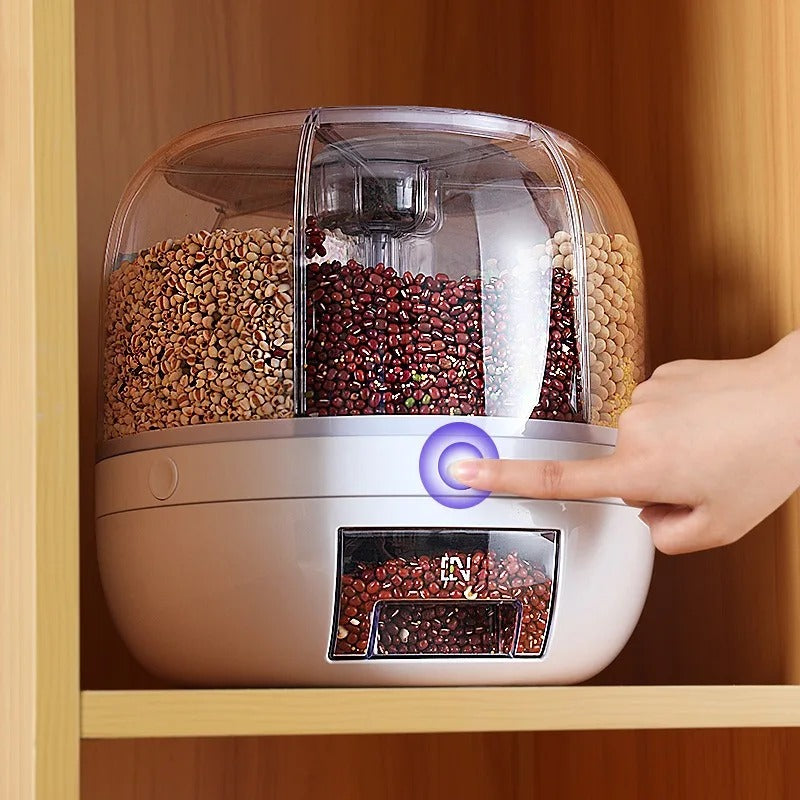 Balde de arroz dividido em grades, giratório, caixa de armazenamento multigrades para grãos diversos, à prova de umidade doméstica